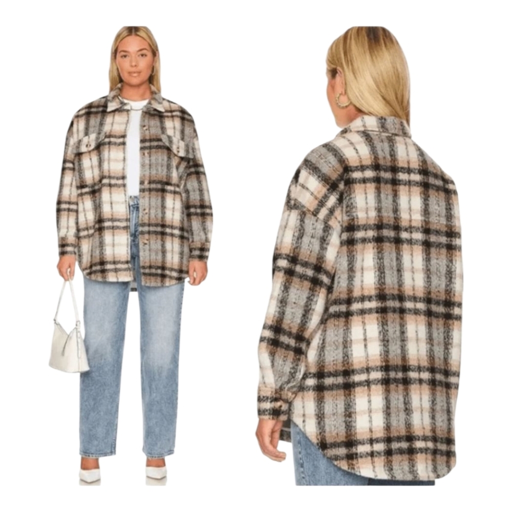 Good American Neutral Plaid Shacket Size 00/0